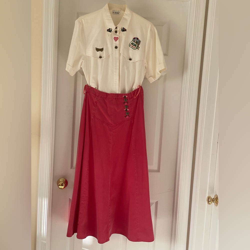 Embroidered White Blouse with Red Midi Skirt
